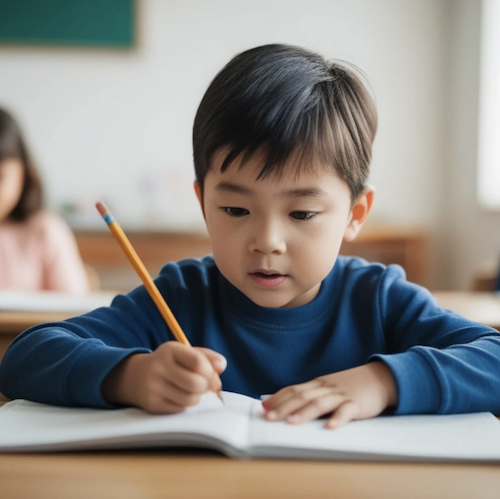 Elementary school-aged boy in a classroom writing in a notebook.